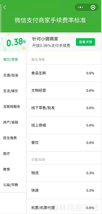 微信支付商家手續費率標準